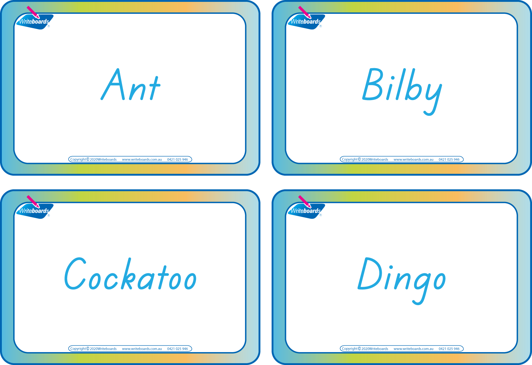 Australian Animal Flashcards in TAS Handwriting, Aussie Animal Flashcards in TAS Handwriting, TAS Aussie Animal Flashcards