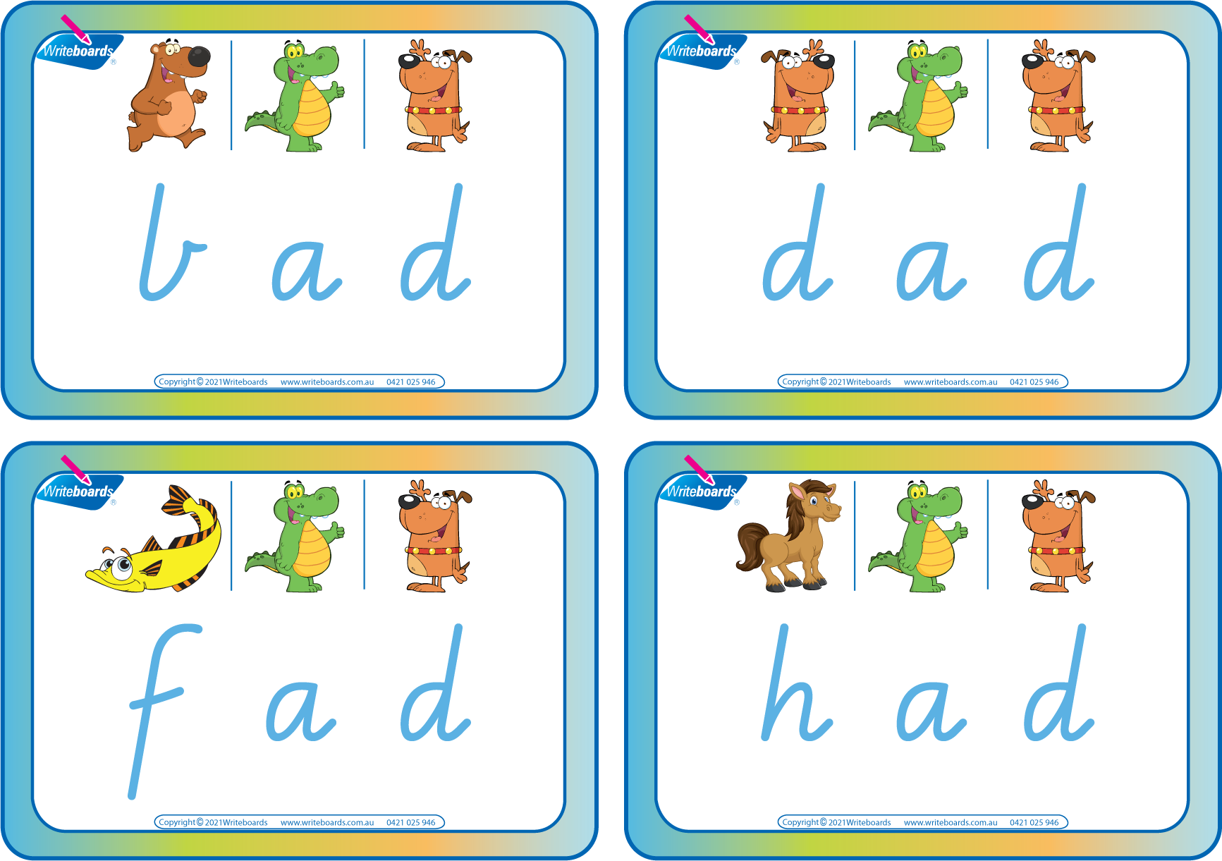 VIC CVC Flashcards using Animal Phonics, Printable CVC Rhyming Flashcards using VIC, WA & NT Handwriting