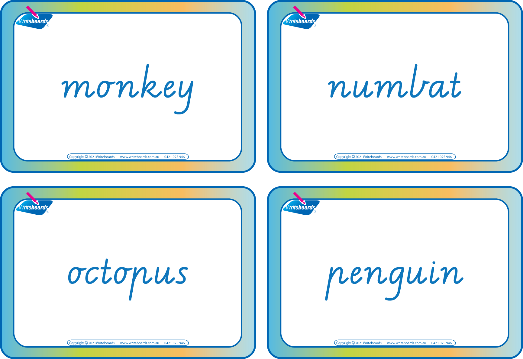 Animal Phonic Flashcard Bundle with 104 cards featuring letters and pictures using VIC & WA Handwriting