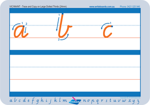 Large lowercase dotted third letter worksheets using VIC Modern Cursive Font for Occupational Therapists and Tutors