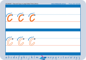Large lowercase dotted third letter worksheets using VIC Modern Cursive Font for Occupational Therapists and Tutors