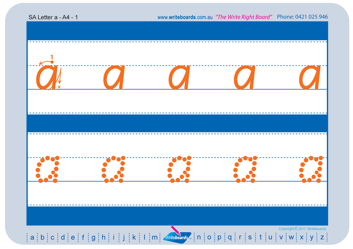 SA Modern Cursive Font alphabet and number handwriting worksheets. SA alphabet and number tracing worksheets. 